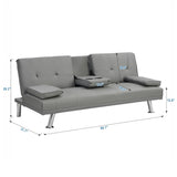 ZUN sofa bed with Armrest two holders WOOD FRAME, STAINLESS LEG, FUTON GREY PVC W214104621