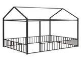 Full Size Metal Bed House Bed Frame with Fence, for Kids, Teens, Girls, Boys,Black MF304787AAB