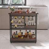 ZUN 3 Tier Industrial Rolling Serving Cart with Lockable Wheels, Wine Rack Cart with Glass Holder for W2557P195401