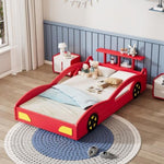 ZUN Wooden Race Car Bed,Car-Shaped Platform Twin Bed with Wheels For Teens,Red & Yellow WF310553AAJ