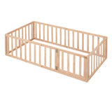 Twin Size Wood Floor Bed Frame with Fence and Door, Natural WF299299AAM