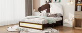 ZUN Full Size Upholstered Platform Bed with Bear Shaped Headboard, LED Light Strips, White + Brown 19640686