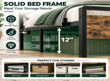 Twin Size Metal Bed Frame, 3-Panel Fire Burnt Brown Wood Grain Headboard with LED Light & Charging 06892471