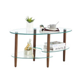 ZUN Transparent Oval coffee table, modern table in living room Oak wood leg tea table 3-layer 25975996