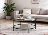 2-Tier Round Coffee Table, Glass Top, Iron Frame, 25.6"25.6"19.3", Matte Black 19047100