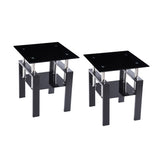 2-Piece Tempered Black Glass Sofa Table, Black Noghtstand with Metal Leg for Living Room W1718127063