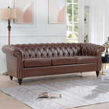 84.65" Dark Brown PU Rolled Arm Chesterfield Three Seater Sofa. W68035342