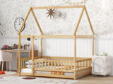 Full Size House Floor Wooden Bed with Roof Frame, Safety Guardrails,Natural W504P370560