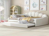 Full Size Upholstery Daybed Frame with Shall Shaped Backrest and Trundle,White 05415103
