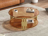 Modern Brown Glass Coffee Table, Asymmetrical Metal, Circular Metal Drum Base, Gold Finish & Lower N735P177478D