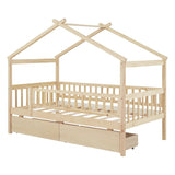 Twin Size Wooden House Bed with Two Drawers, Natural WF302181AAN