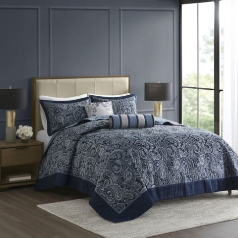 ZUN 5 Piece Jacquard Bedspread Set with Throw Pillows Navy Queen B03597644