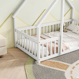 Twin Wood House-Shaped Floor Bed with Fence, Guardrails ,White W504P143290