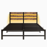 Queen Size Metal Bed Frame with Wooden Headboard, RGB Lights,Charger, Storage Shelf, Noise-Free, No W840P209904