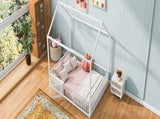 Full Size Metal House Bed with Fence and Door, White MF315933AAK