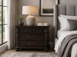 3 Drawer Nightstand Solid Wood Frame Traditional Bedside Table with Carved Details, Dark Cherry B2770P509790