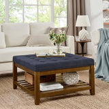 ZUN Upholstered Coffee Table Tufted Linen Large Square Ottoman with Beech Wood Shelf and Frame, W2353P183873