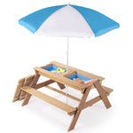 ZUN 3-in-1 Kids Outdoor Wooden Picnic Table With Umbrella, Convertible Sand & Wate, Gray ASTM & CPSIA W1390P160713