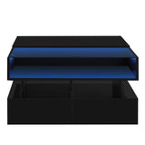 U-Can Lift-Top Coffee Table with 2 Drawers, Modern Square Coffee Table with Glass Top and High-Gloss N724P290043B