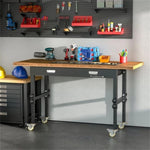 ZUN 59" Garage Work Bench with Drawer and Wheels, Height Adjustable Legs, Bamboo Tabletop Workstation 83658892