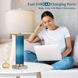 ZUN Set of 2 Table Lamps for Living Room, Blue Glass Bedroom Lamp for Bedside with USB C+A Charging T3146P272367