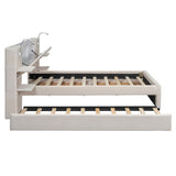 Queen Size Upholstered Platform Bed with Reading Lights, Drawers, Trundle and Shelves, Beige 57706475
