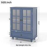 Minimalist Blue Buffet Cabinet with Double Glass Doors and Drawer, Modern Wooden Storage Sideboard W2557P307944