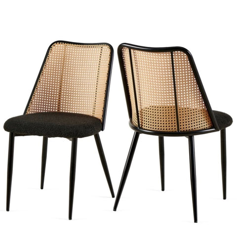 ZUN Black Rattan Dining Chairs Set of 2,Boucle Chairs with Natural Cane Back, Upholstered Dining Room W1164P218679