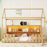 Twin Size House Bed with LED Light, Wood House Bed with Storage Bookshelf, Floor House Bed with W2593P269092