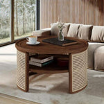 ZUN 2-Tiered Round Walnut Wood Coffee Table with Storage Rattan Base in 31.3'' N735P185131D