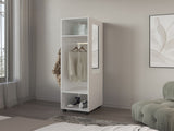 Armoire 63"H, with 3 Shelves, 1 Mirror, and 4 Wheels, White B097P250842