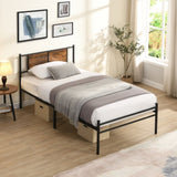 Twin Size metal bedframe,Headboard with wood panel decoration,black 74977489