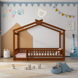 Twin Size Wood Bed House Bed Frame with Fence, for Kids, Teens, Girls, Boys, Walnut WF302176AAL