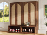 Farmhouse Widen Hall Tree with 4 Rattan Doors, Versatile 4-In-1 Seating Bench with N721P297555D