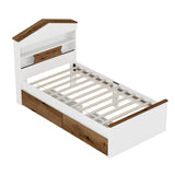 Twin Size House-Shaped Wooden Bed with Storage Shelf on the Headboard, Built-in Two Storage Drawers, N733P187490D