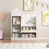 ZUN White Kids Wooden Bookshelf Toy Storage Organizer with Bookcase, Kid's Bin Storage Unit with 6 W2876P233554