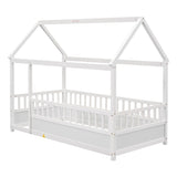 Twin Size Floor Wooden Bed with House Roof Frame, Fence Guardrails,White W1858123984