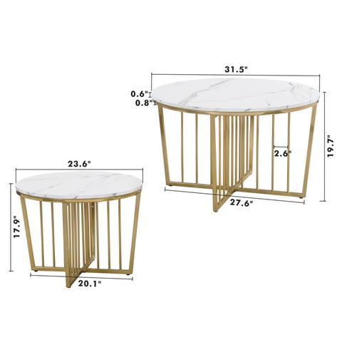 ZUN Modern Round Nesting Coffee Table Set 2-Piece White & Marbling Top Gold Base 38061972