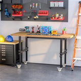 ZUN 59" Garage Work Bench with Wheels, Height Adjustable Legs, Bamboo Tabletop Workstation Tool Table 84066089