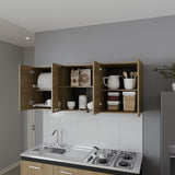Lydia Wall Cabinet kitchen in Melamine wit 4 Doors and Glass Storage, Natural Oak B128P287519