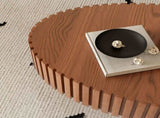 Oval Coffee Table Handcrafted Relief Sturdy Pedestal Wooden Olive-Shaped Tea Table for Living Room W3081P255090
