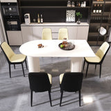 63 "medieval modern cream style MDF dining table and PU dining chair set 6. Assemble Desktop and 00068573