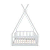 Twin Size Wood House Bed with Fence, White 28986741
