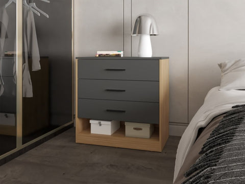 ZUN Lowrys Dresser with 3 Drawers and Open Shelf, Natural Oak and Matt Grey B128P263723