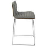 Mara 26" Contemporary Counter Stool in Brushed Stainless Steel, Walnut Wood, and Grey Faux Leather B202P222389