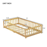 Twin Size Floor Bed with Fence without Door, Rubber Wood Floor Bed with Safety Guardrails,Natural W504P296796