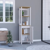 Linen Single Door Cabinet 59" H, Two Interior Shelves, Two Open Shelves, Light Oak / White B097133250