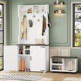 ON-TREND Farmhouse 4-in-1 Hall Tree with Barn Doors, Movable Bench with 7 Hanging Hooks and Shoe N721P205788K