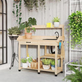 Natural Wood Potting Bench Table, Outdoor Garden Table with Removable Sink and Faucet 51205211