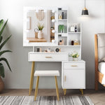 ZUN FCH Particleboard Triamine Veneer 2 Drawers 1 Door 2 Shelves Mirror Cabinet 3 Light Bulbs Dressing 66162550